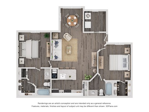 Floor plan for 2 beds, 2 baths, 951 sqft